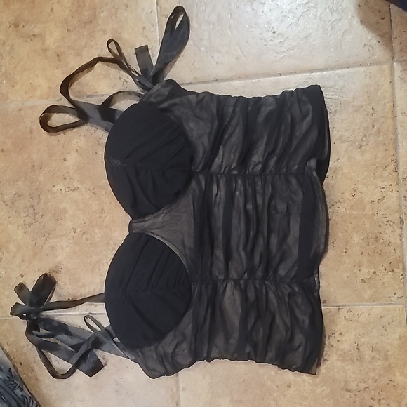 Vintage Bebe y2k bustier ruched mesh top blouse shirt bow tie straps black 8 - Picture 2 of 3